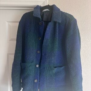 Zara Men's Navy and Forest Checkered Jacket